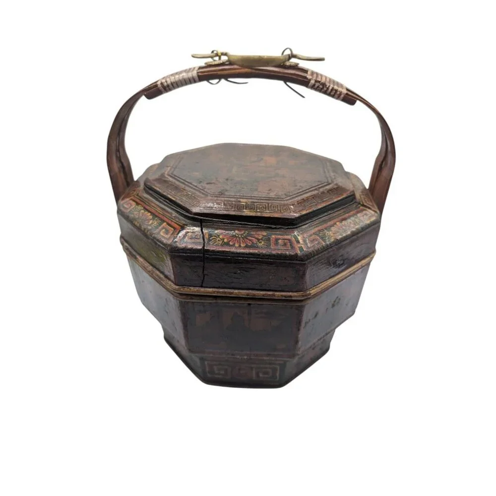 Antique Chinese Bamboo Wedding Basket Box Laquer Finsh Brass Handle